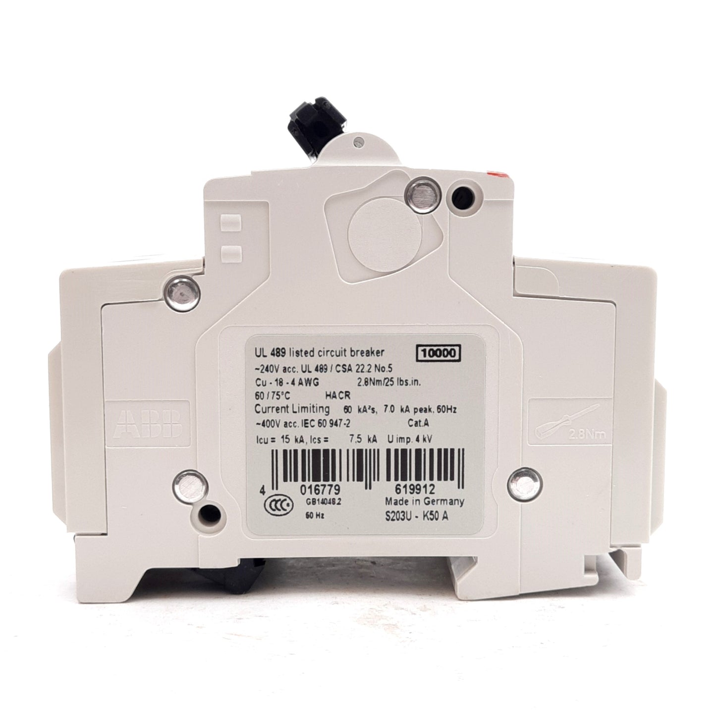 New ABB S203U-K50 Circuit Breaker, 3-Poles, K-Curve, 240VAC, 50A, DIN Rail