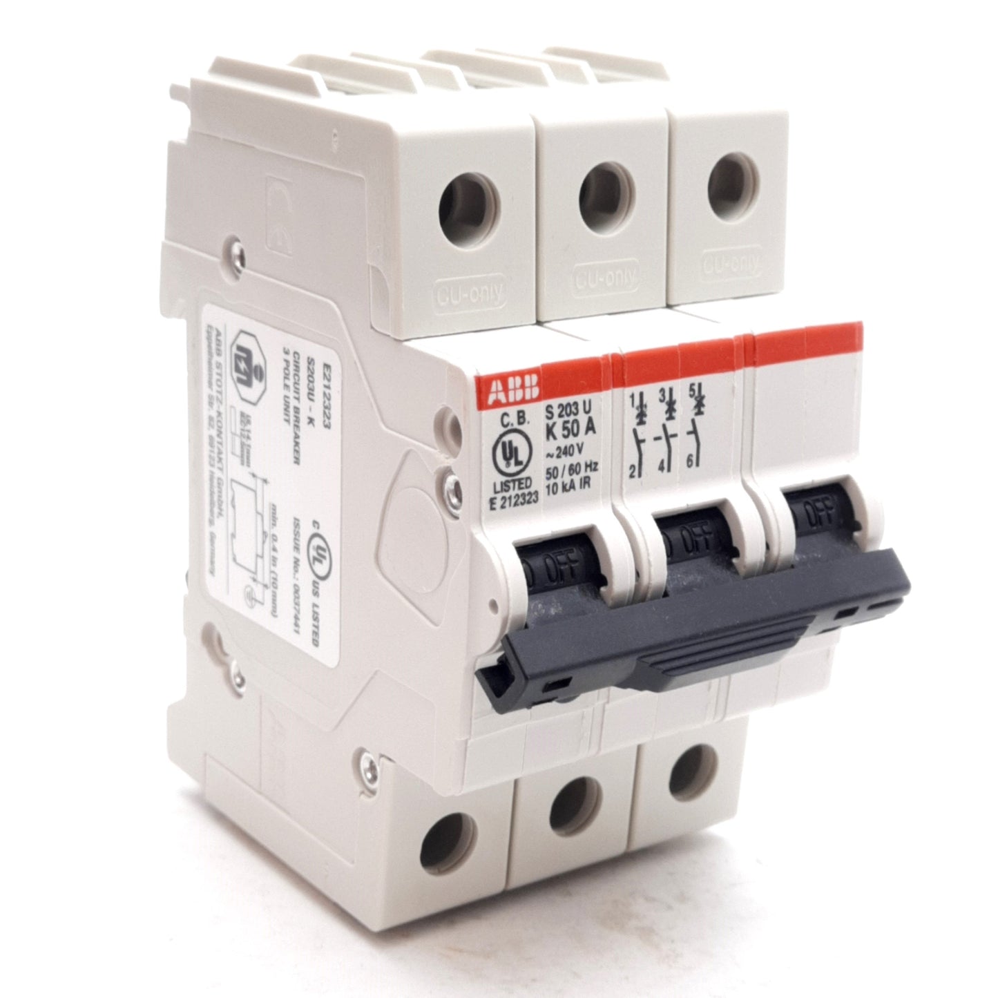 New ABB S203U-K50 Circuit Breaker, 3-Poles, K-Curve, 240VAC, 50A, DIN Rail