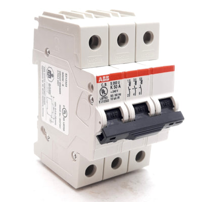 New ABB S203U-K50 Circuit Breaker, 3-Poles, K-Curve, 240VAC, 50A, DIN Rail