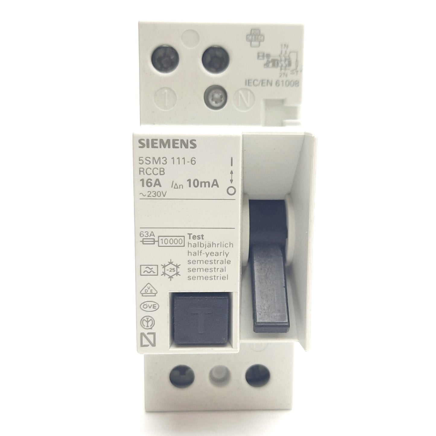 Used Siemens 5SM3111-6 Residual Current Operated Circuit Breaker, 2-Pole, 230VAC, 16A