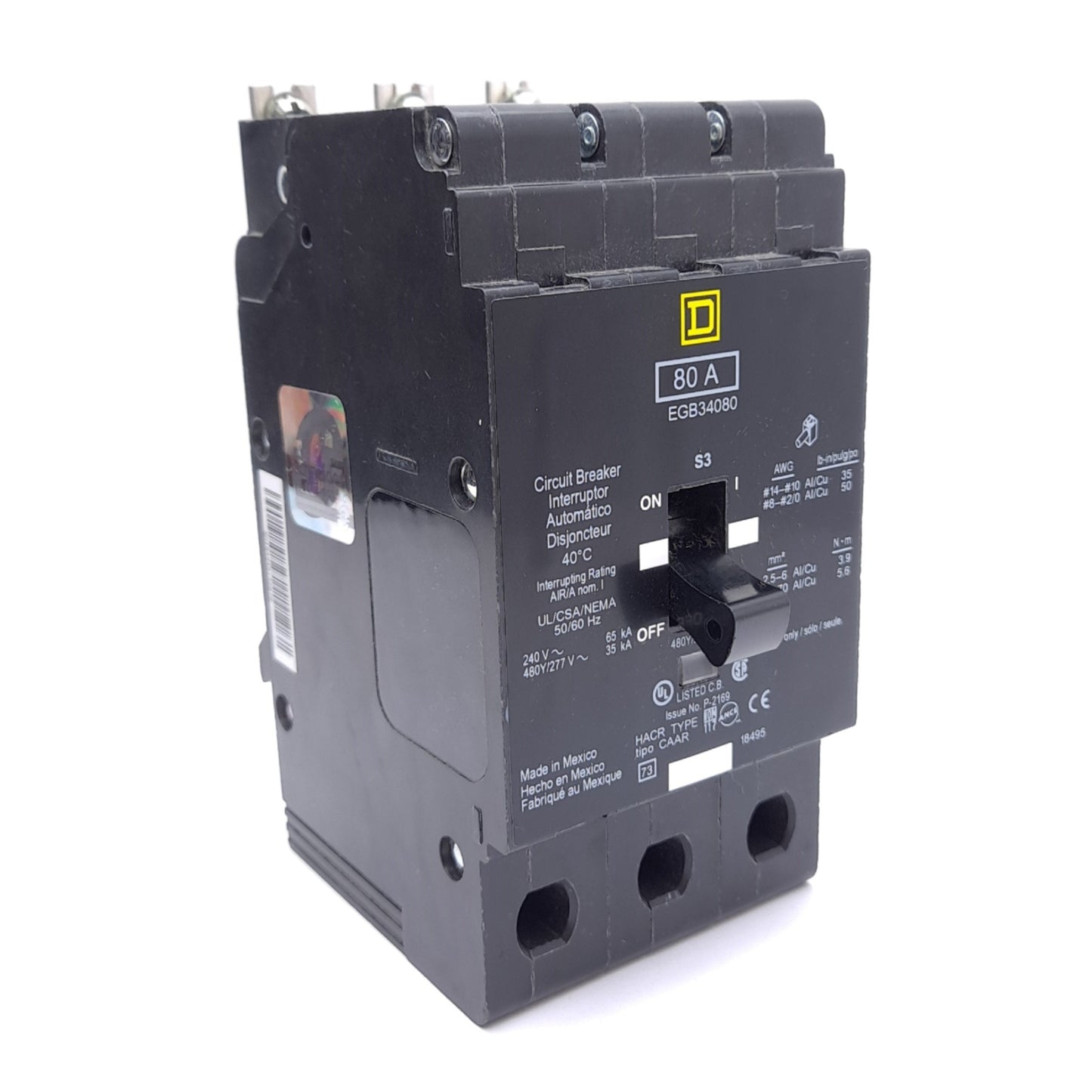 New Square D EGB34080 Circuit Breaker, 3-Pole, Bolt-On, 80A, 480Y/277VAC