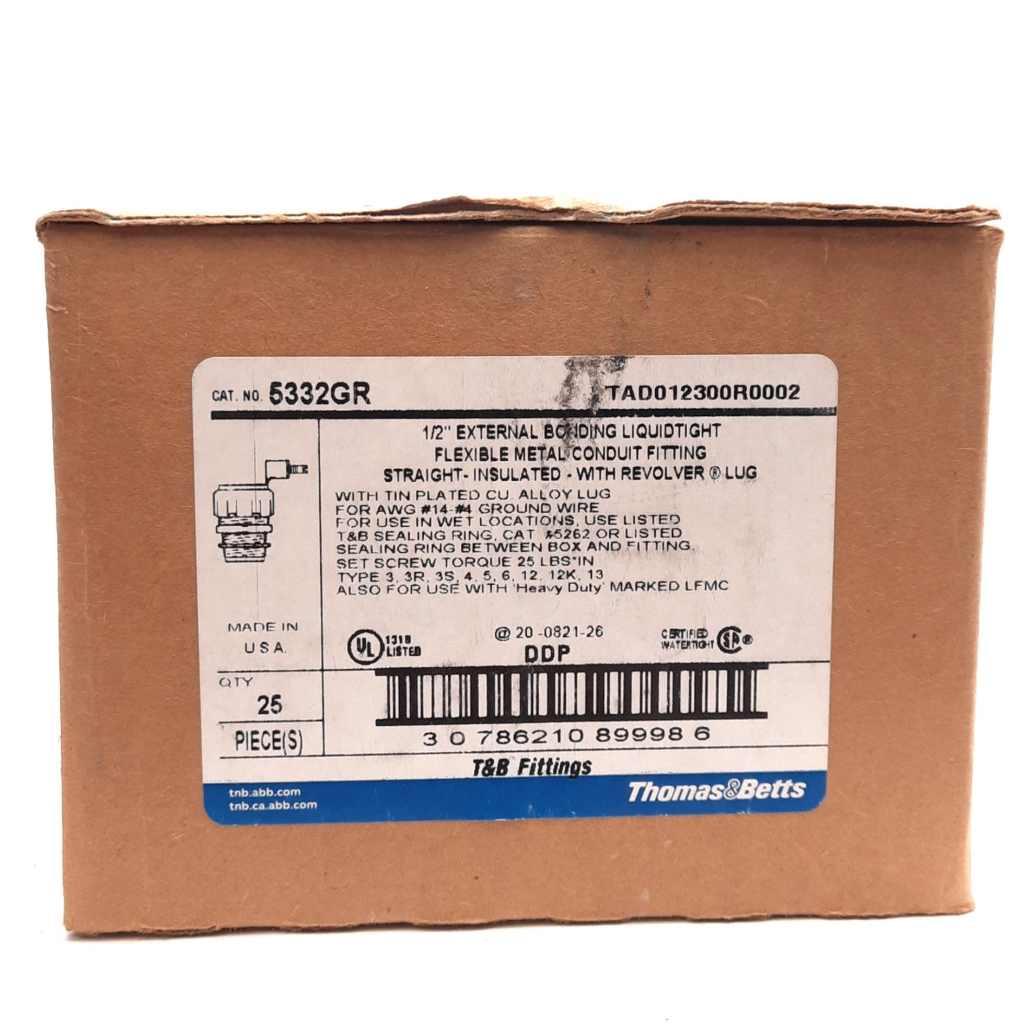 New Lot of 25 Thomas & Betts 5332GR Liquidtight Metal Conduit Fitting, 1/2in NPT