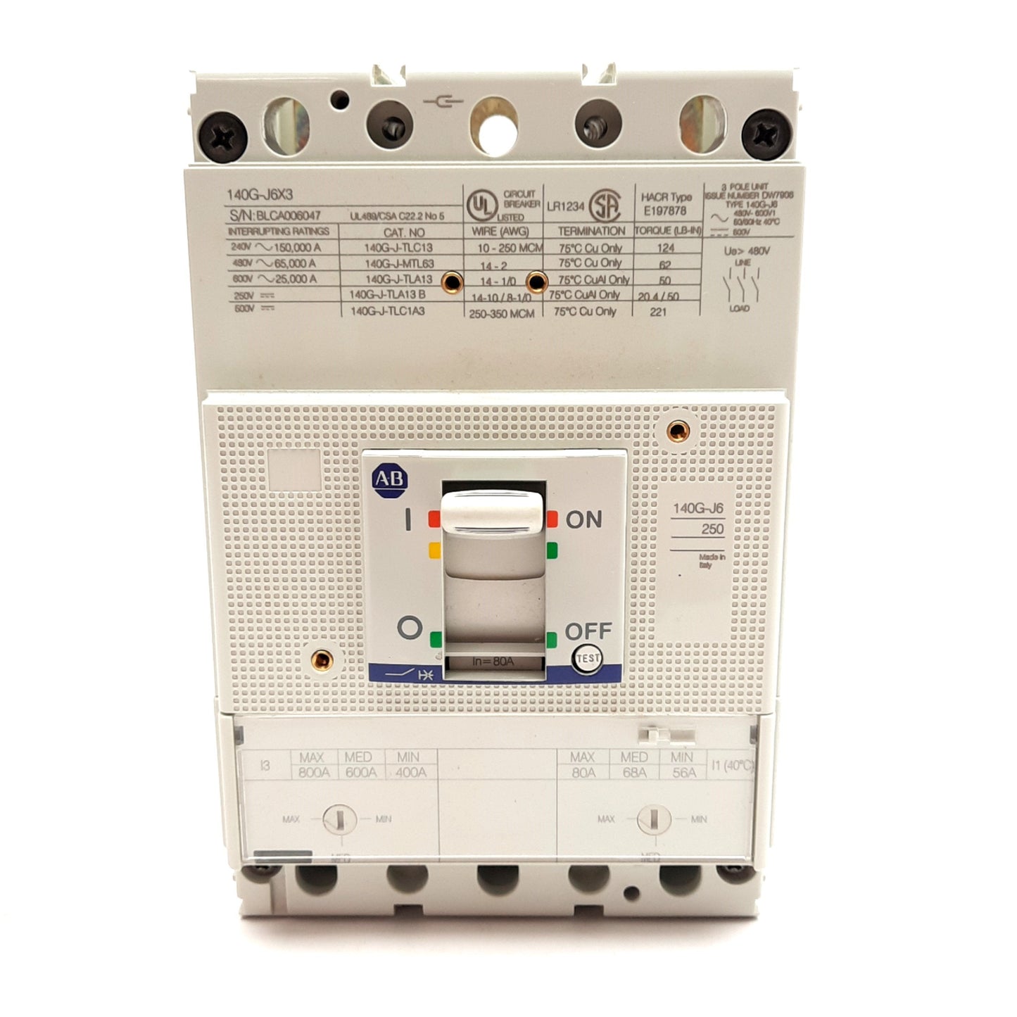 New – Open box Allen Bradley 140G-J6F3-C80 Molded Case Circuit Breaker 3-Pole 690VAC/500VDC 80A