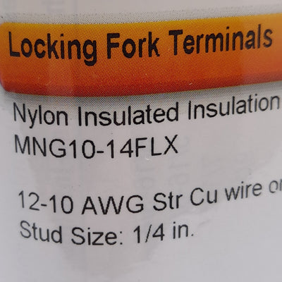 New Lot of 50 3M MNG10-14FLX Locking Fork Terminals, 12-10 AWG, 1/4in Stud Size