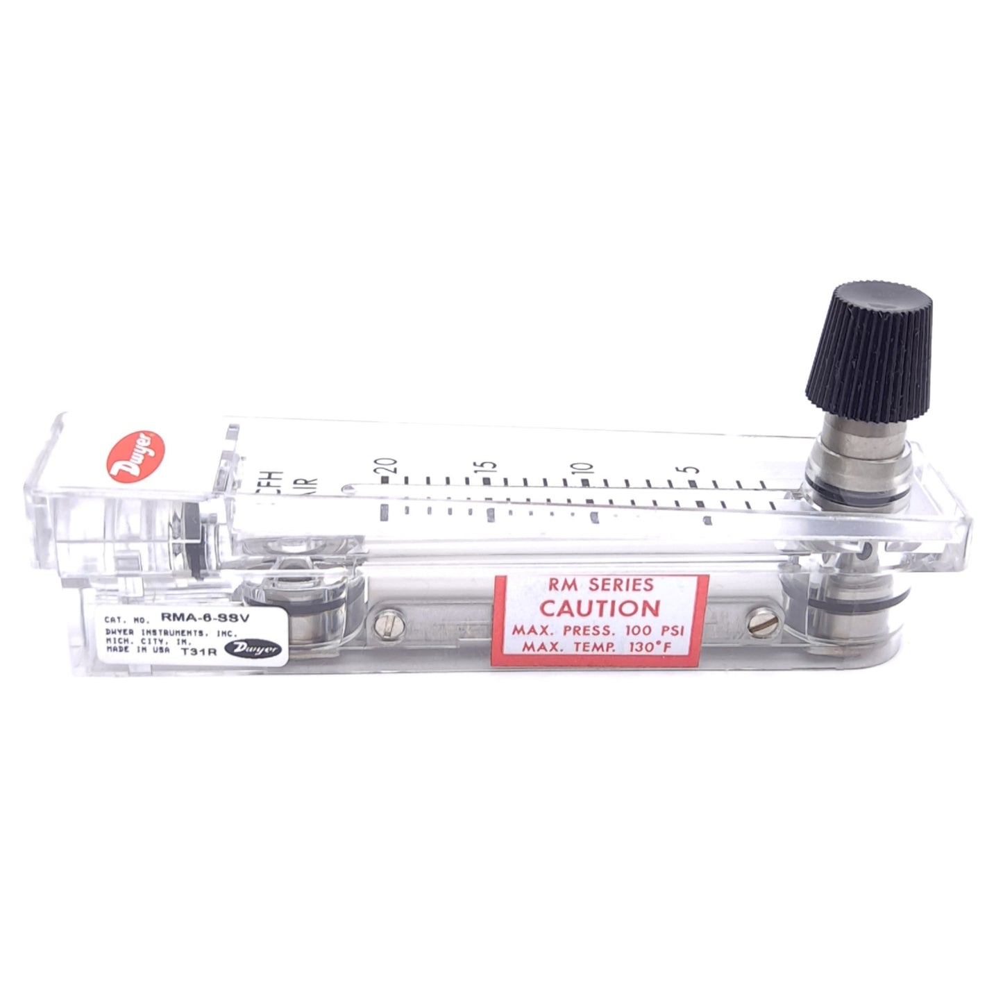 Used Dwyer RMA-6-SSV Air Flowmeter, 2-20 SCFH, 100psi Max, 1/8in NPT, 2in Scale