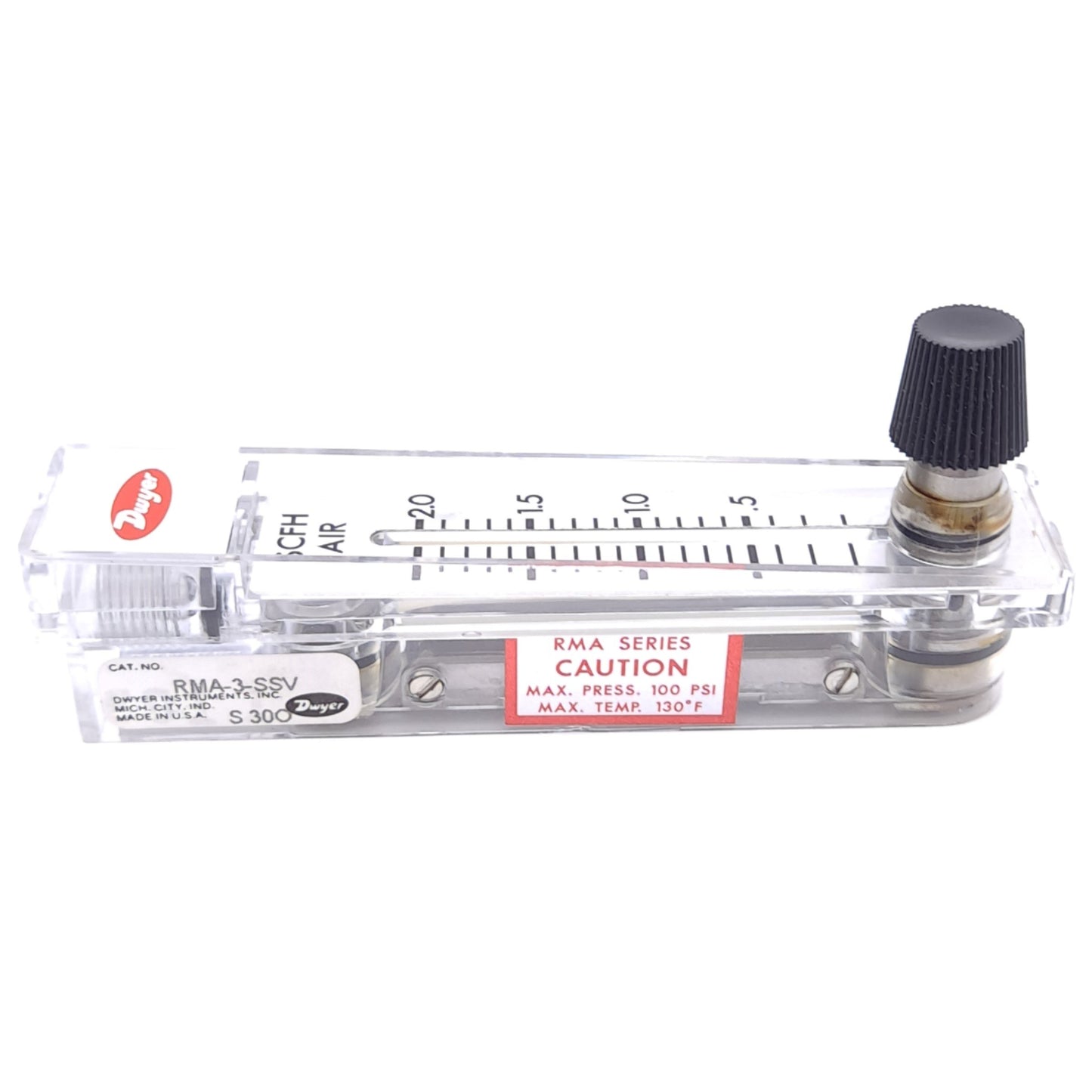 Used Dwyer RMA-3-SSV Air Flowmeter, 0.2-2 SCFH, 100psi Max, 1/8in NPT, 2in Scale