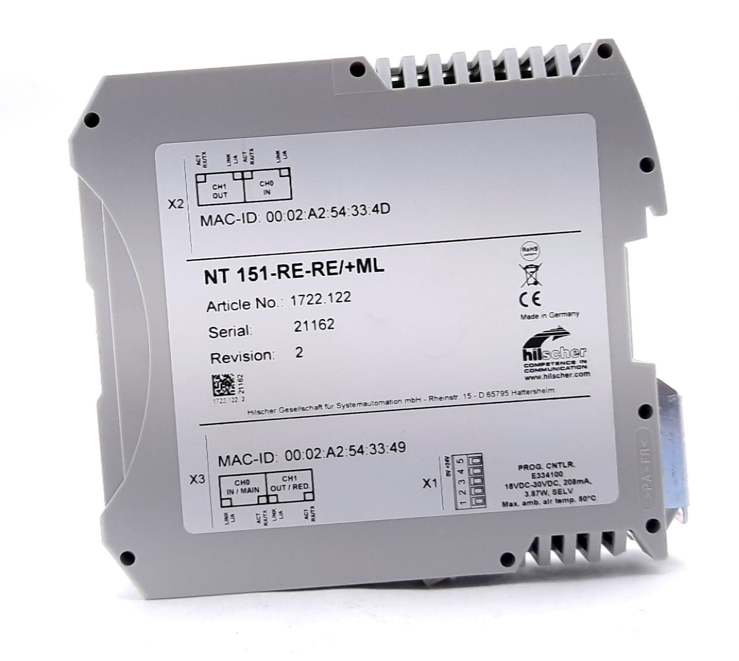 New Hilscher NT 151-RE-RE/+ML Ethernet Gateway Module 24VDC ± 6V 190mA 4.78W