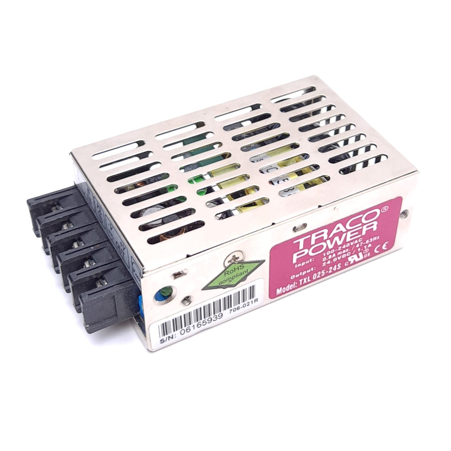 Used Traco Power TXL 025-24S Power Supply, 100-240VAC Input, 24VDC Output, 25W