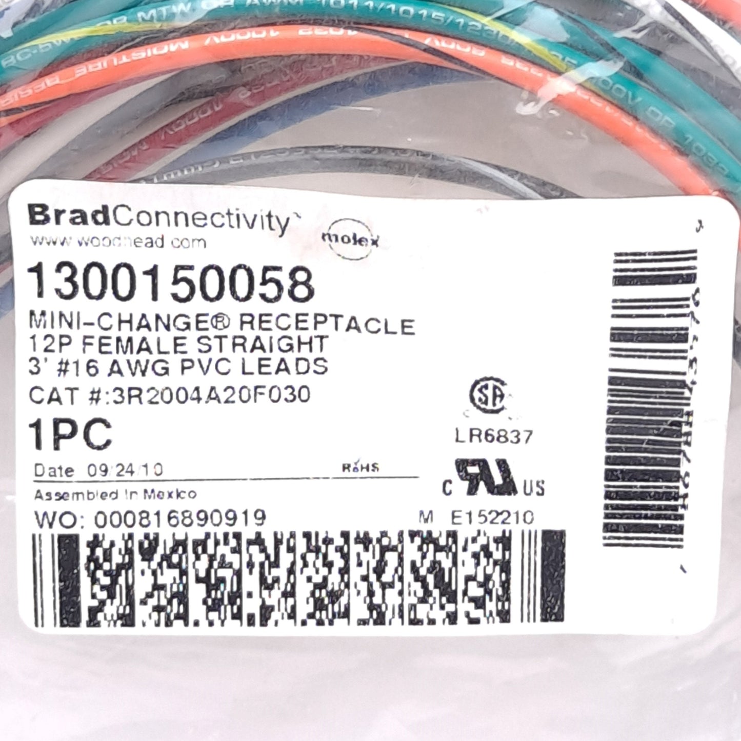 New Molex 3R2004A20F030 1300150058 Single-Ended Cordset, Mini-Change 12-Pin Female