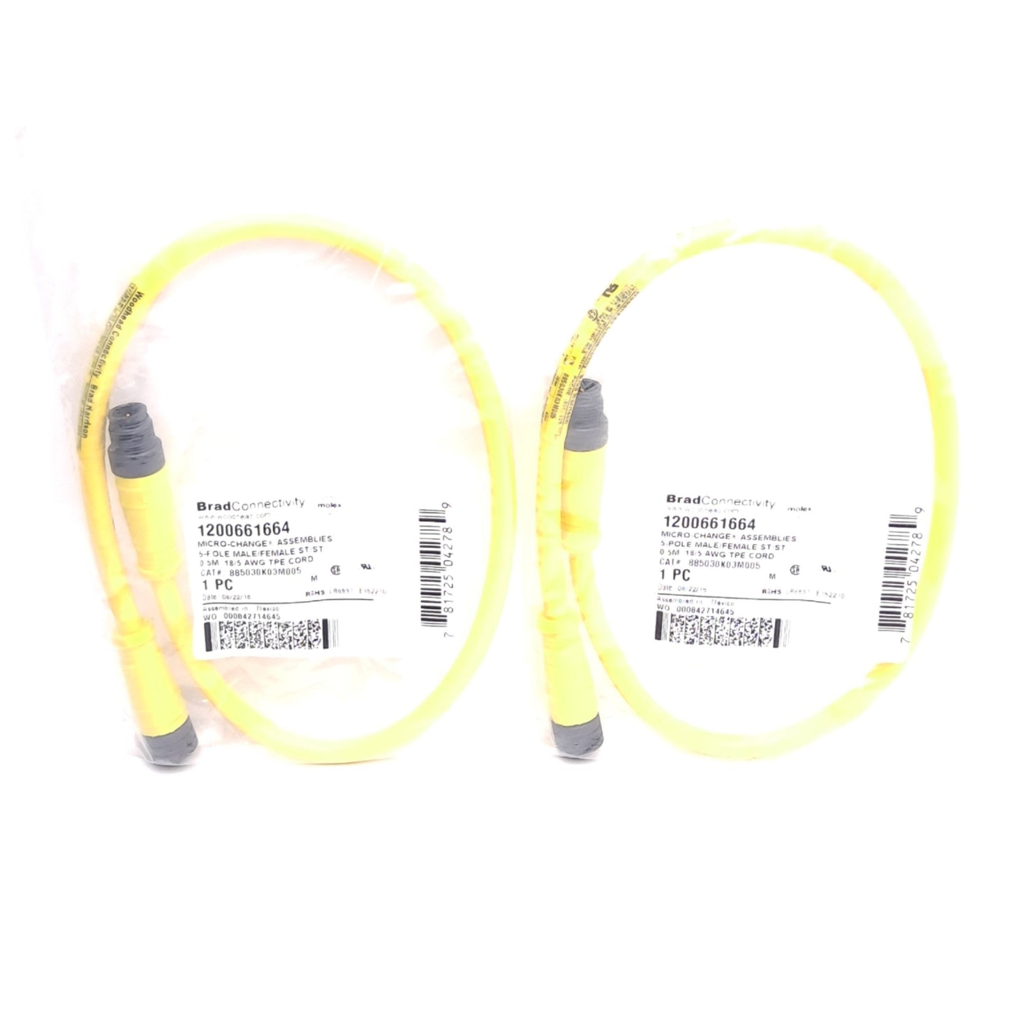 New Lot of 2 Molex 885030K03M005 1200661664 Cordset, M12 5-Pin Male/Female, 0.5m