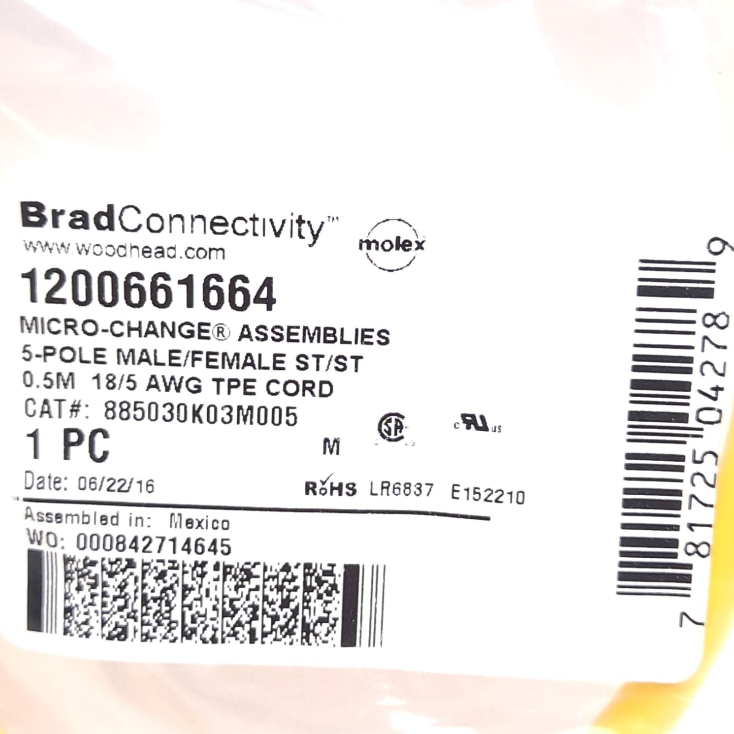 New Lot of 2 Molex 885030K03M005 1200661664 Cordset, M12 5-Pin Male/Female, 0.5m