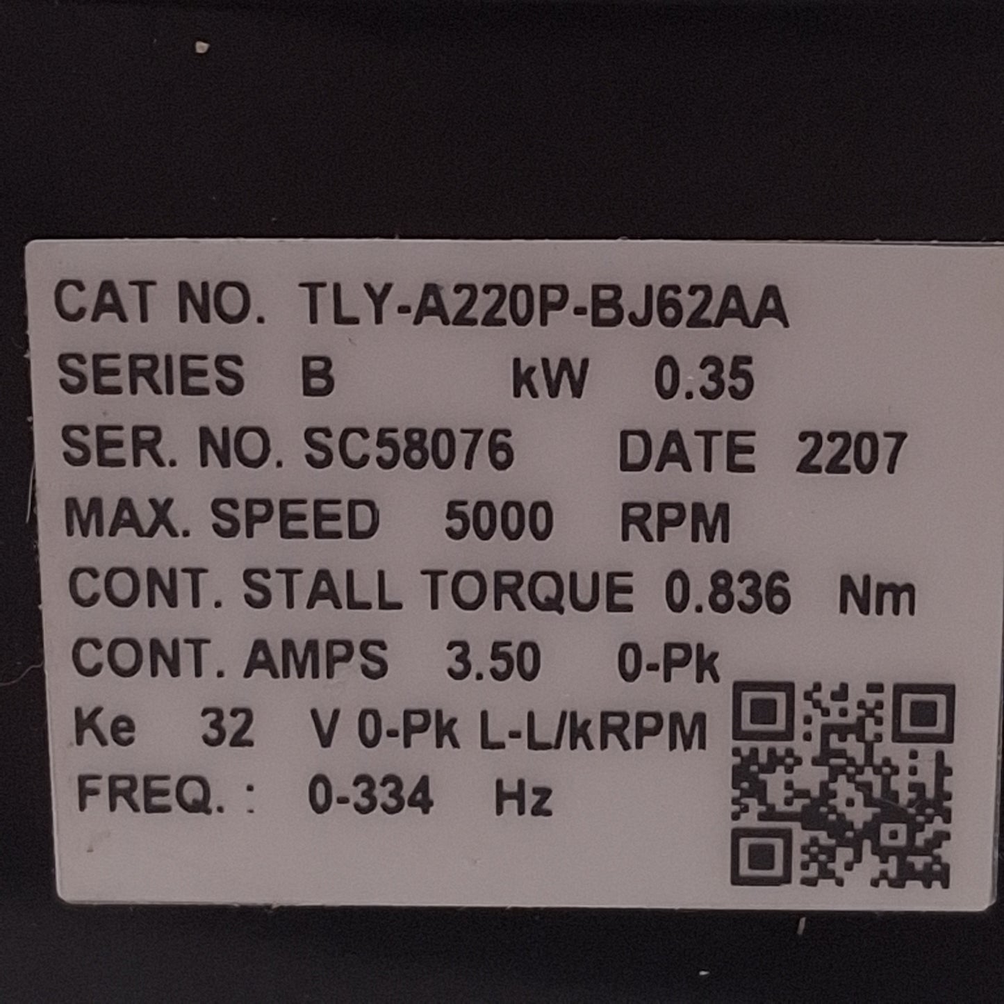 Allen Bradley TLY-A220P-BJ62AA Kinetix Servo Motor 0.35kW 3Ø 230VAC, ø12mm Shaft