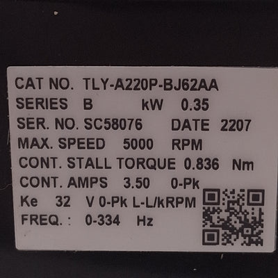 Allen Bradley TLY-A220P-BJ62AA Kinetix Servo Motor 0.35kW 3Ø 230VAC, ø12mm Shaft
