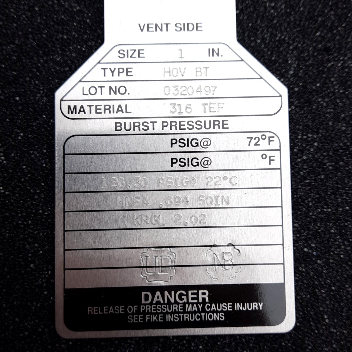 New Fike HOV BT Rupture Disc, ø1in, 316 TEF, 126.30PSIG @ 22°C Burst Pressure