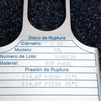 New Fike SRL Rupture Disc, ø1in, SST MONEL, 114.67PSIG @ 22°C/25°C Burst Pressure