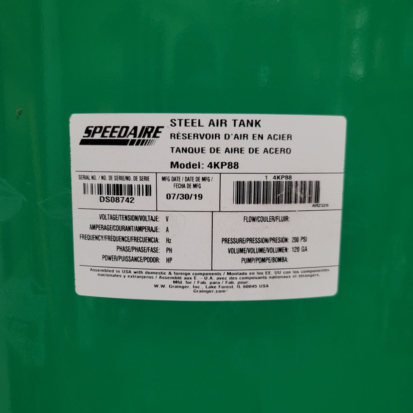 Used Speedaire 4KP88 Upright Steel Air Tank 120 Gallon, 200psi Max, 70"H x 24"W