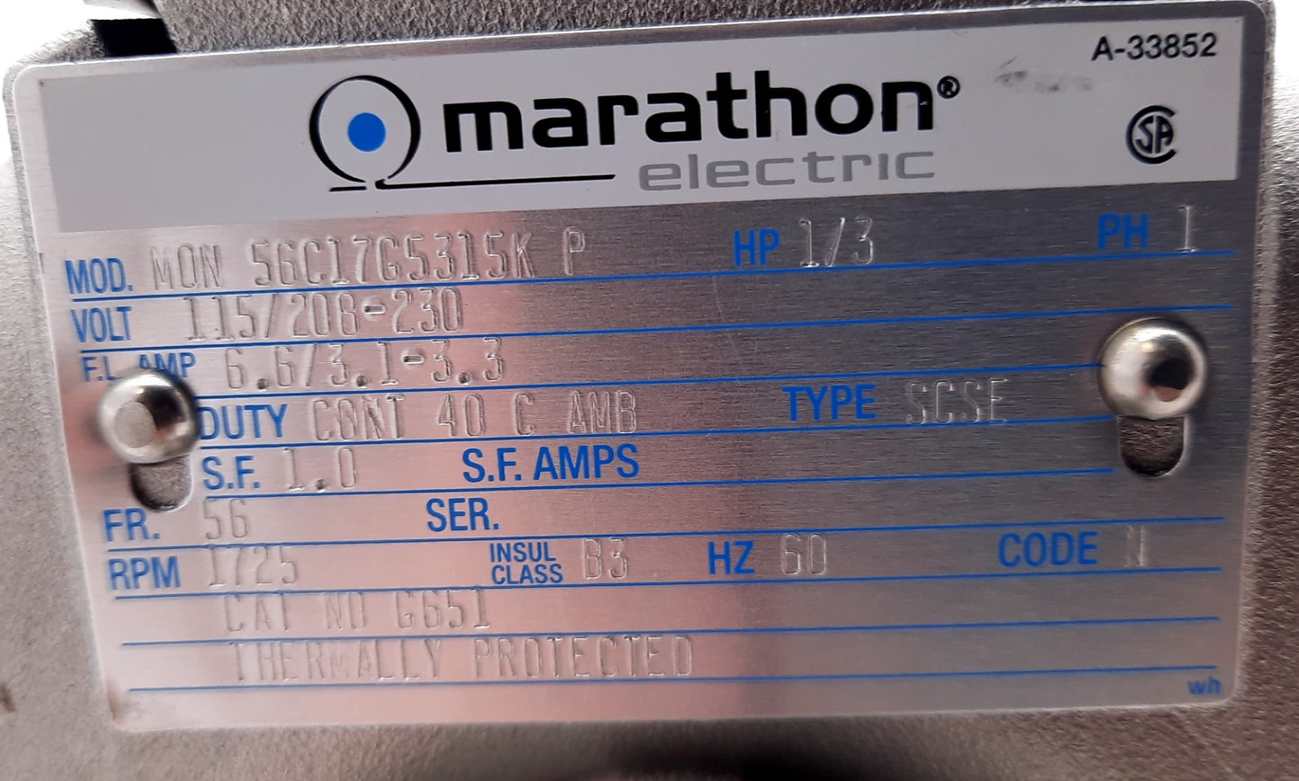 New Marathon 56C17G5315K Explosion Proof Motor 1800rpm, 1/3hp, 1 Ph, 115/208-230V