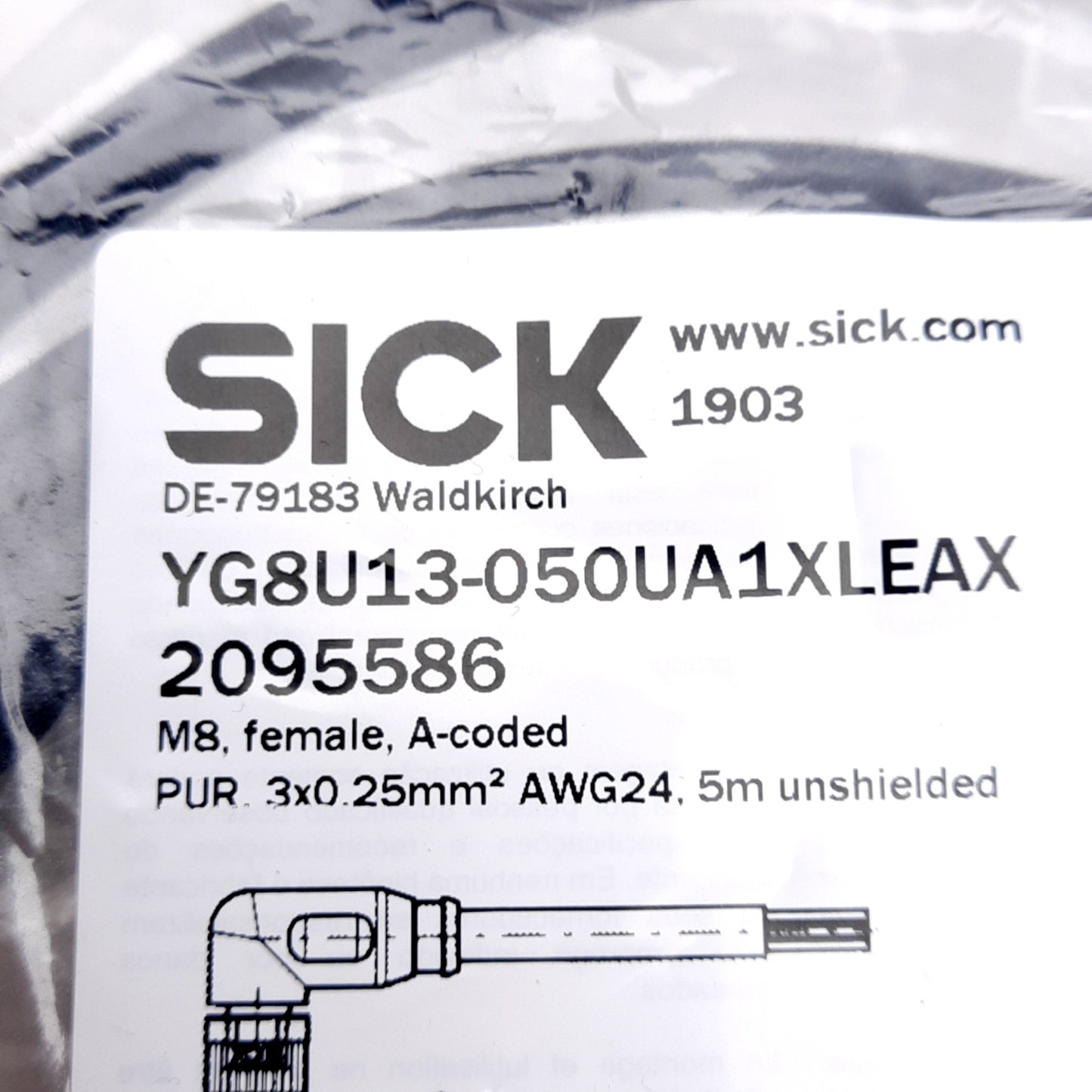 New SICK YG8U13-050UA1XLEAX Cordset, 50VAC/60VDC 4A, M8 3-Pin Right Angle Female, 5m