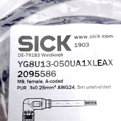 New SICK YG8U13-050UA1XLEAX Cordset, 50VAC/60VDC 4A, M8 3-Pin Right Angle Female, 5m
