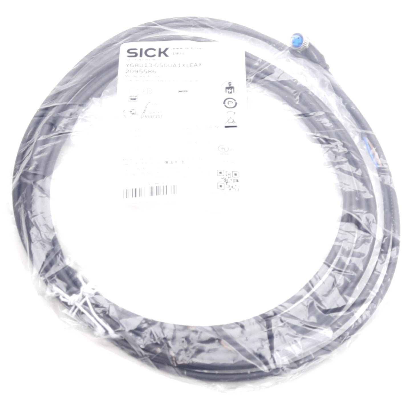 New SICK YG8U13-050UA1XLEAX Cordset, 50VAC/60VDC 4A, M8 3-Pin Right Angle Female, 5m