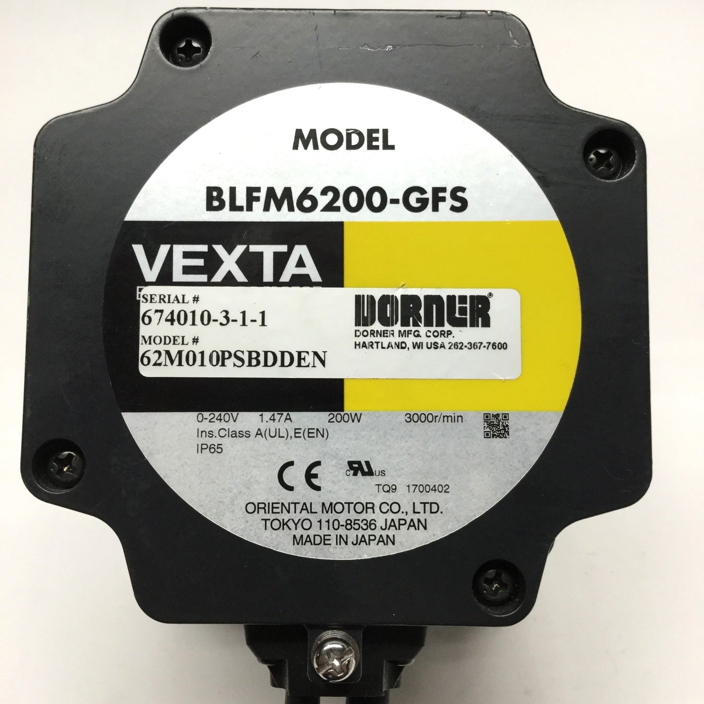 Used Oriental Vexta BLFM6200-GFS Brushless DC Motor 240V 200W w/ 10:1 Gearhead Box