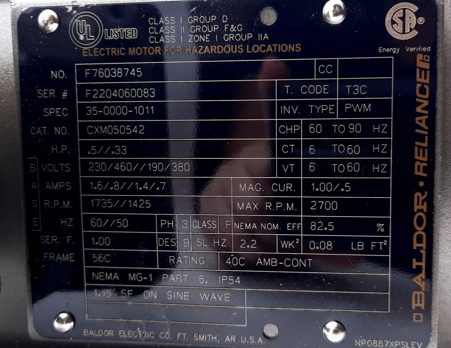 Used Baldor CXM050542 Explosion Proof Motor 230/460//190/380V, 0.37KW, NEMA 56C, 10:1