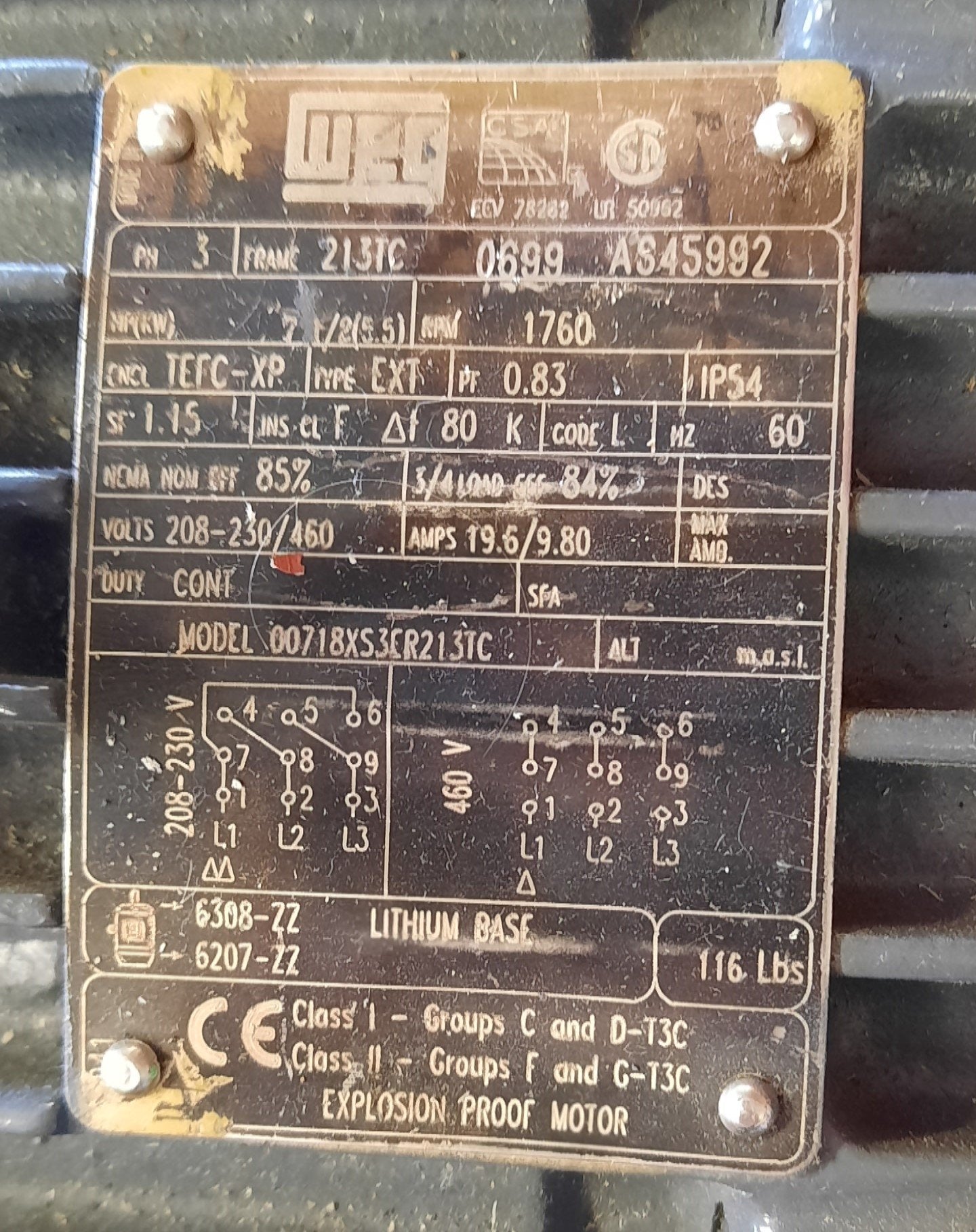 New WEG 00718XS3ER213TC Explosion Proof Motor 3 Phase, 7.5Hp, 208-460V, 60Hz 1800rpm