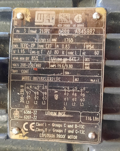 New WEG 00718XS3ER213TC Explosion Proof Motor 3 Phase, 7.5Hp, 208-460V, 60Hz 1800rpm