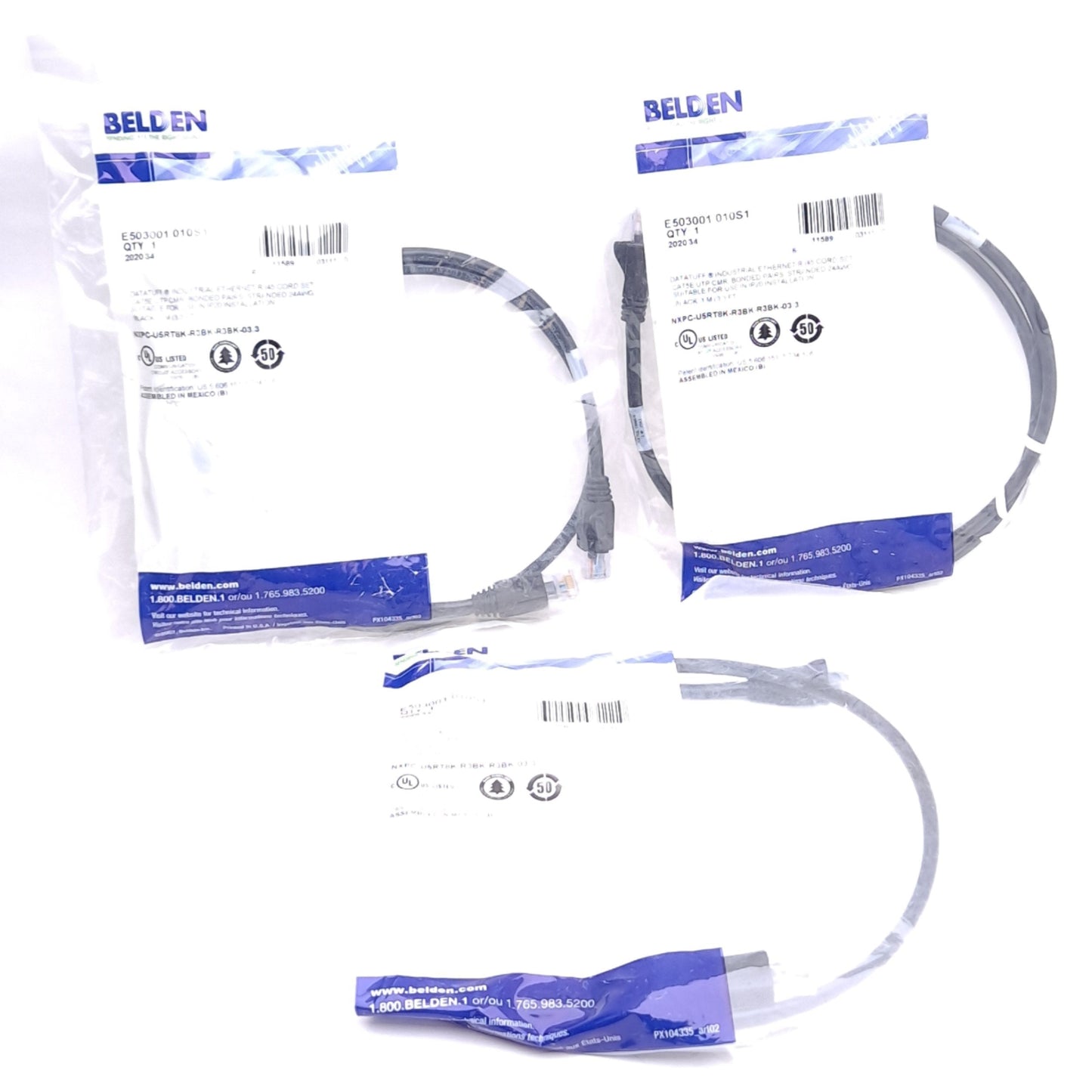 New Lot of 3 Belden E503001 010S1 Industrial Ethernet Cordset, 2x RJ45 Male, 1m