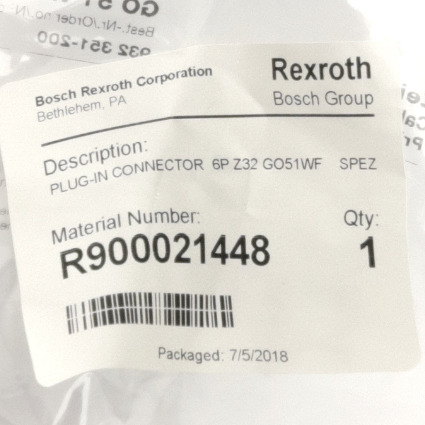 New – Open box Bosch Rexroth R900021448 Plug In Motor/Feedback Connector, 5P + Ground