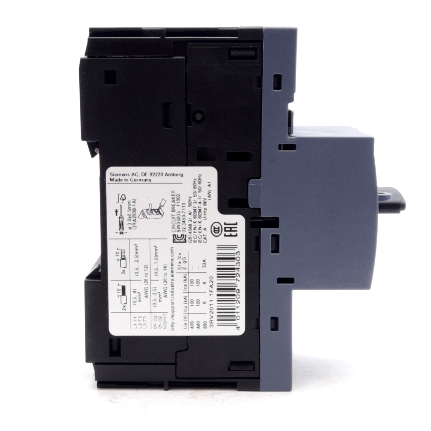 New Siemens 3RV2011-1FA20 Sirius Circuit Breaker 3-Pole, 3.5-5A, 20-690VAC, DIN Rail