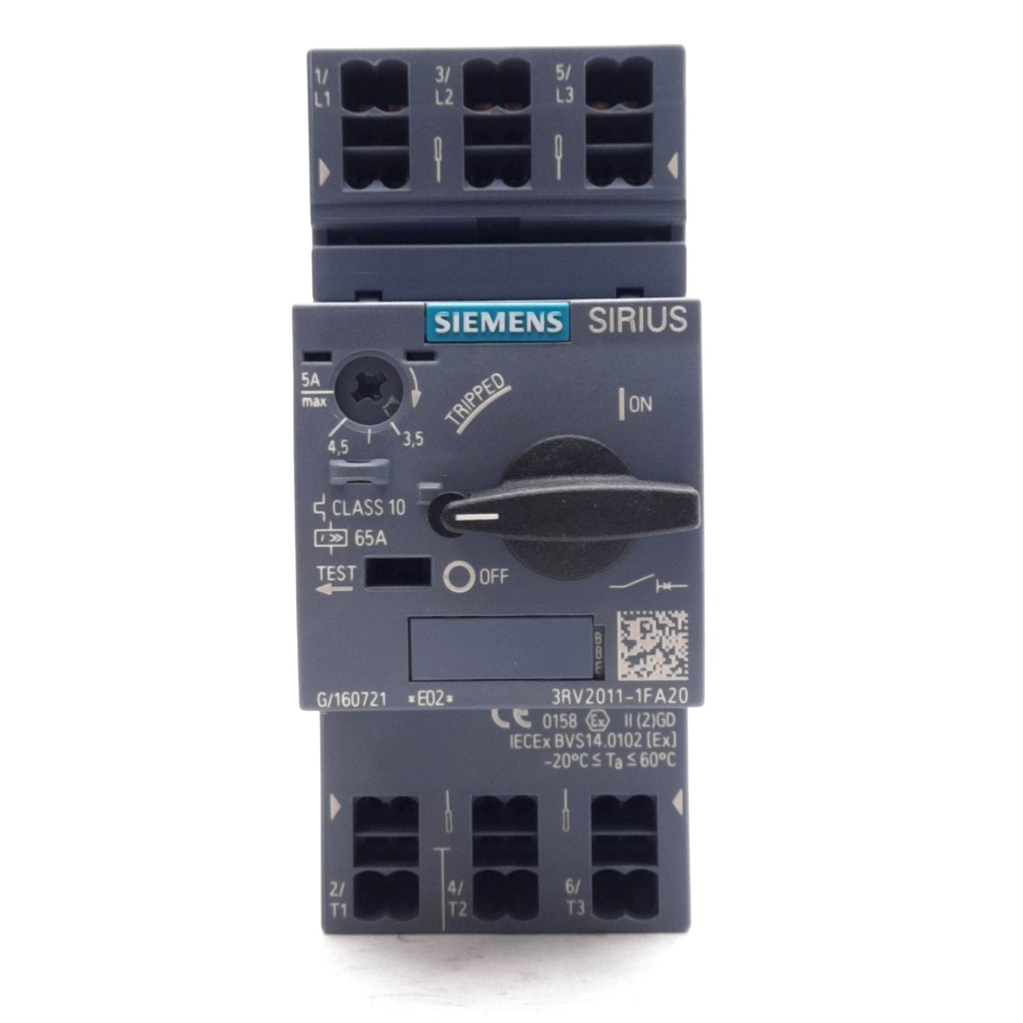New Siemens 3RV2011-1FA20 Sirius Circuit Breaker 3-Pole, 3.5-5A, 20-690VAC, DIN Rail