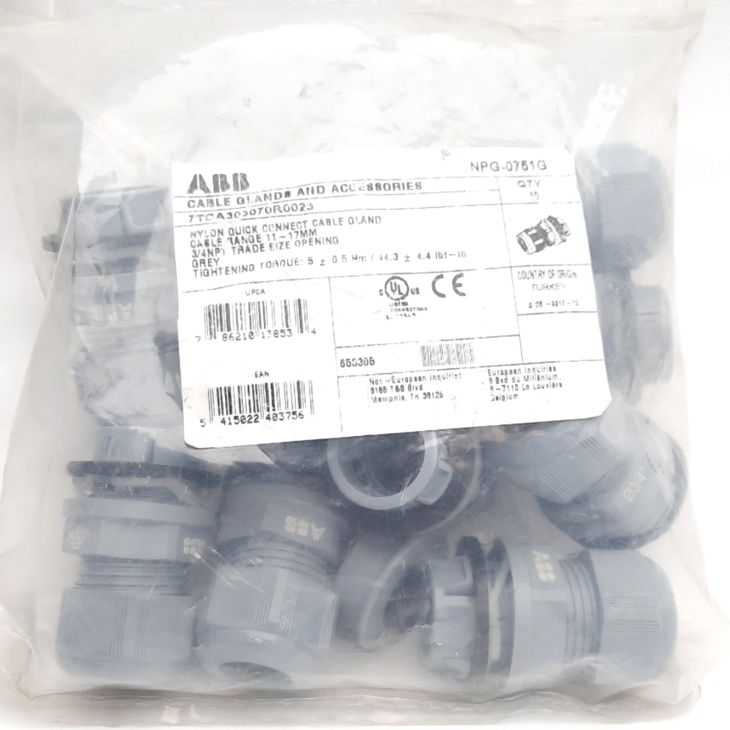 New Lot Of 10 ABB NPG-0751G Cable Glands, Cable Range 11-17mm, 3/4in NPT