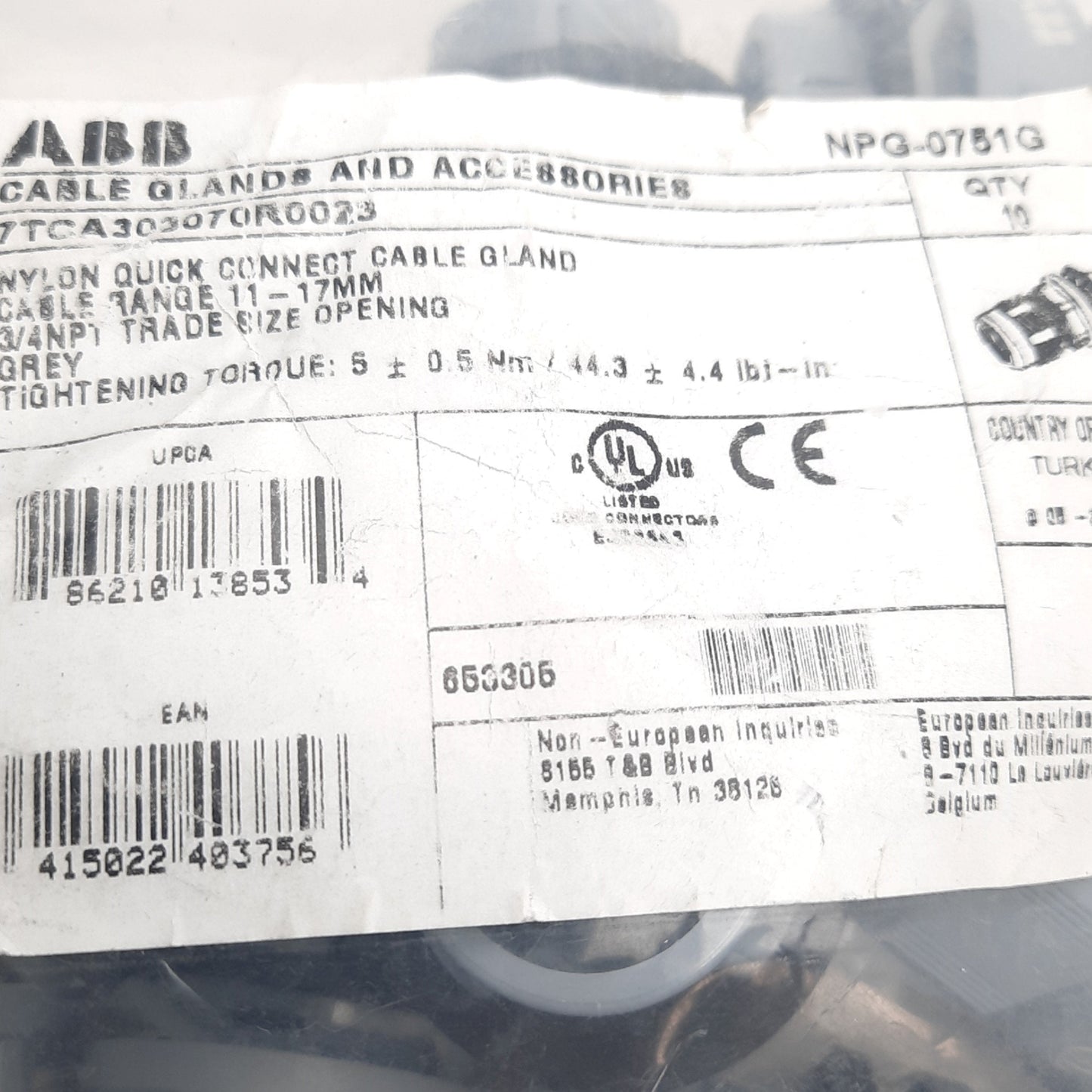 New Lot Of 10 ABB NPG-0751G Cable Glands, Cable Range 11-17mm, 3/4in NPT