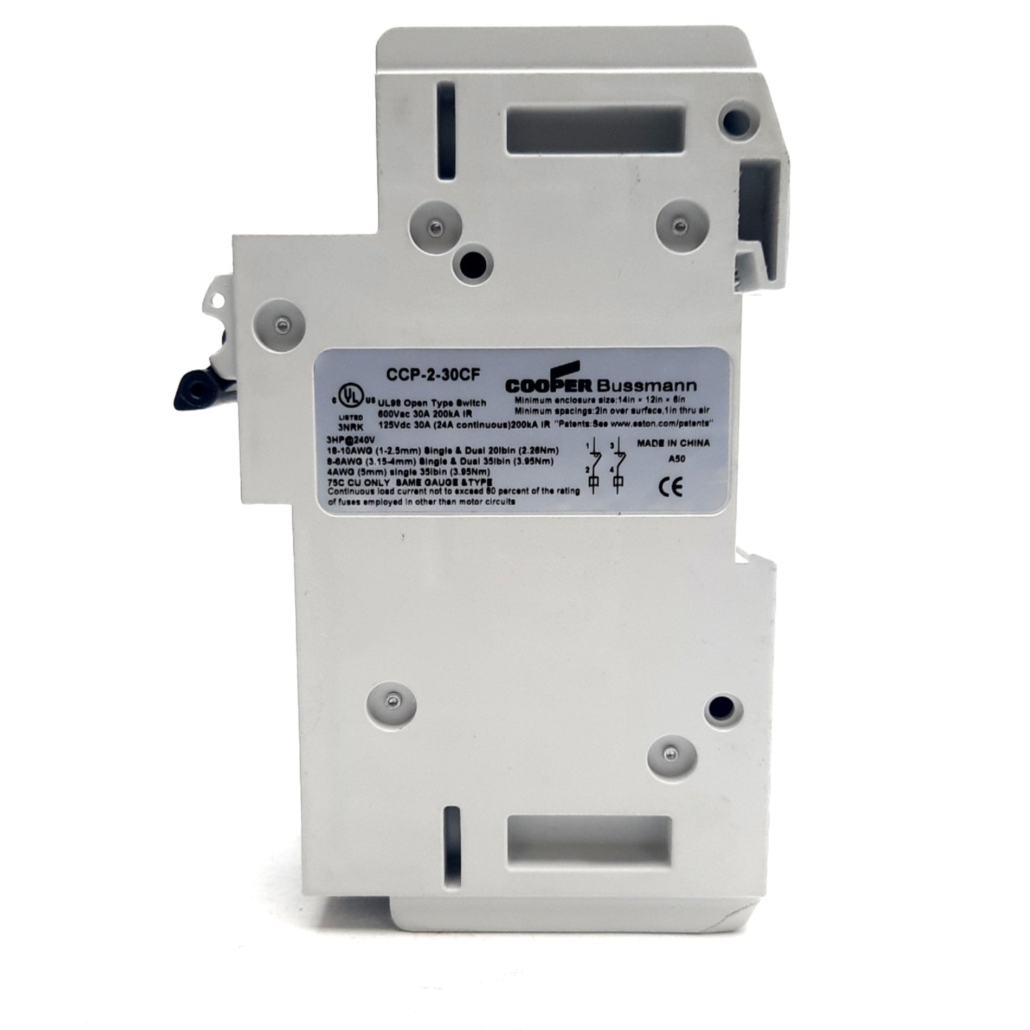 New – Open box Cooper Bussmann CCP-2-30CF Fuse Block, 600 VAC/125VDC, 30A, 2 Poles