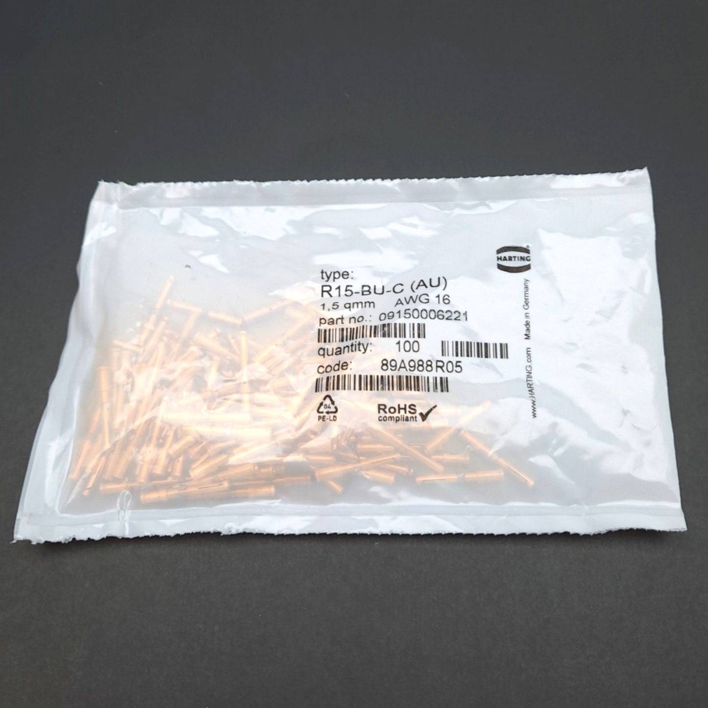 New Lot of 100 Harting 09150006221 Female Crimp Contact, 16 AWG, Gold Plated