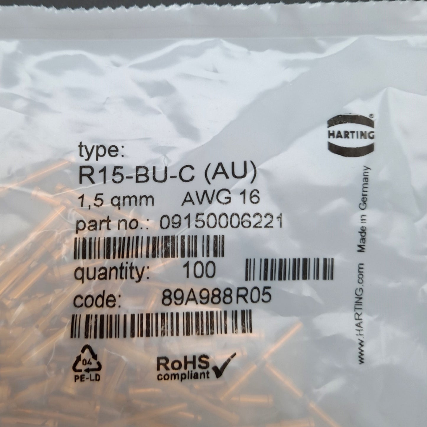 New Lot of 100 Harting 09150006221 Female Crimp Contact, 16 AWG, Gold Plated