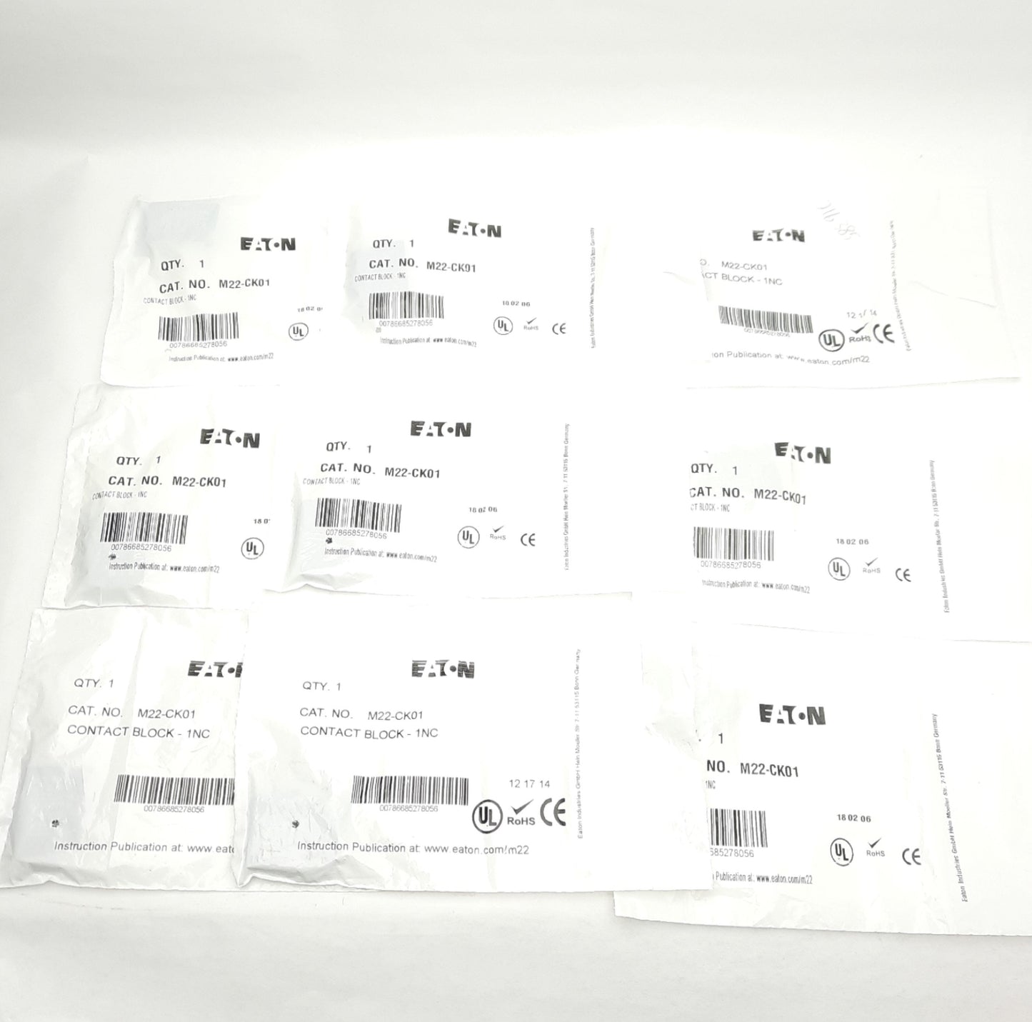 New Lot of 9 Eaton M22-CK01 Pushbutton Contact Blocks, 1NC, 22mm, 600VAC/125VDC