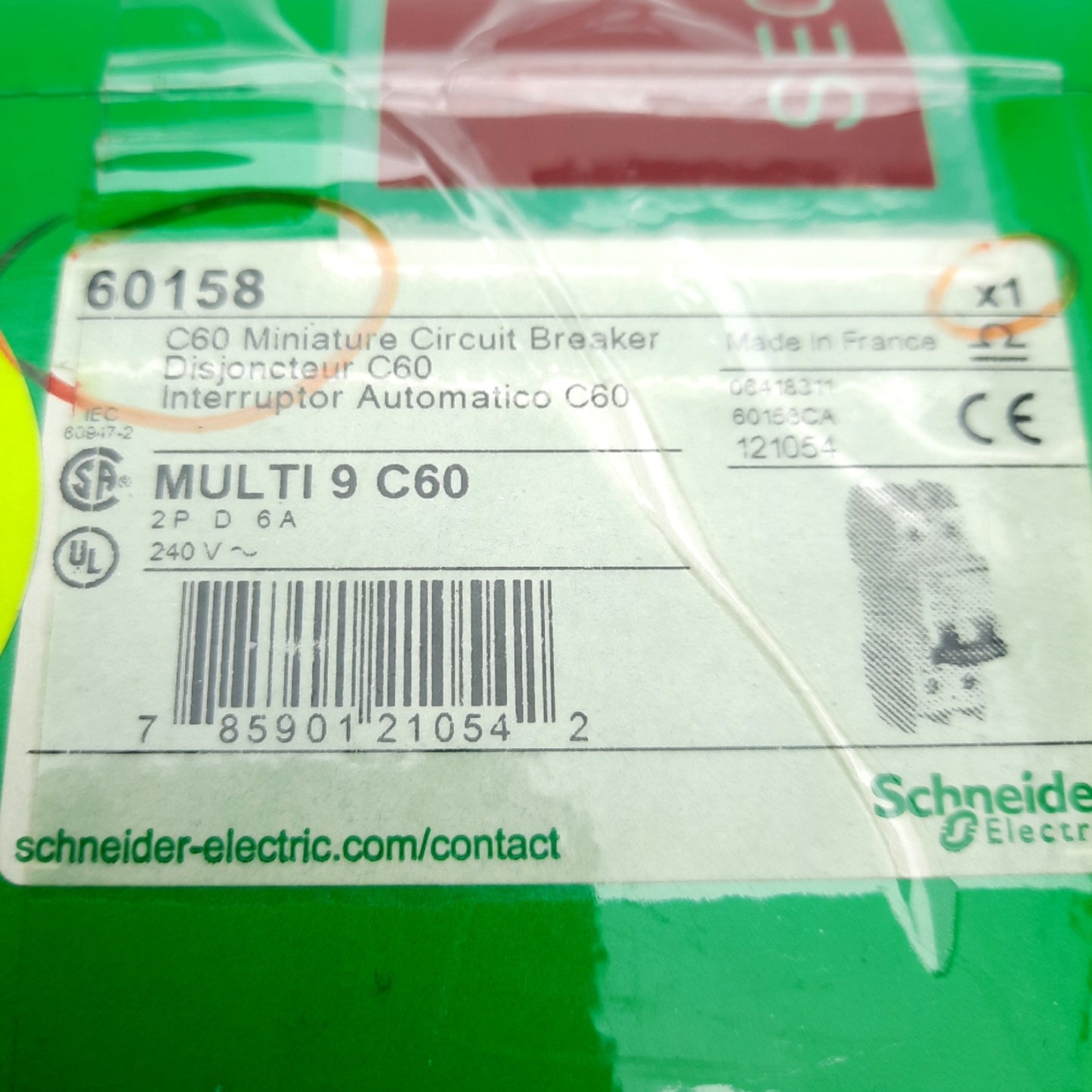New – Open box Schneider 60158 MULTI 9 C60 Circuit Breaker, 2 Pole, 240VAC, 6A, DIN Rail