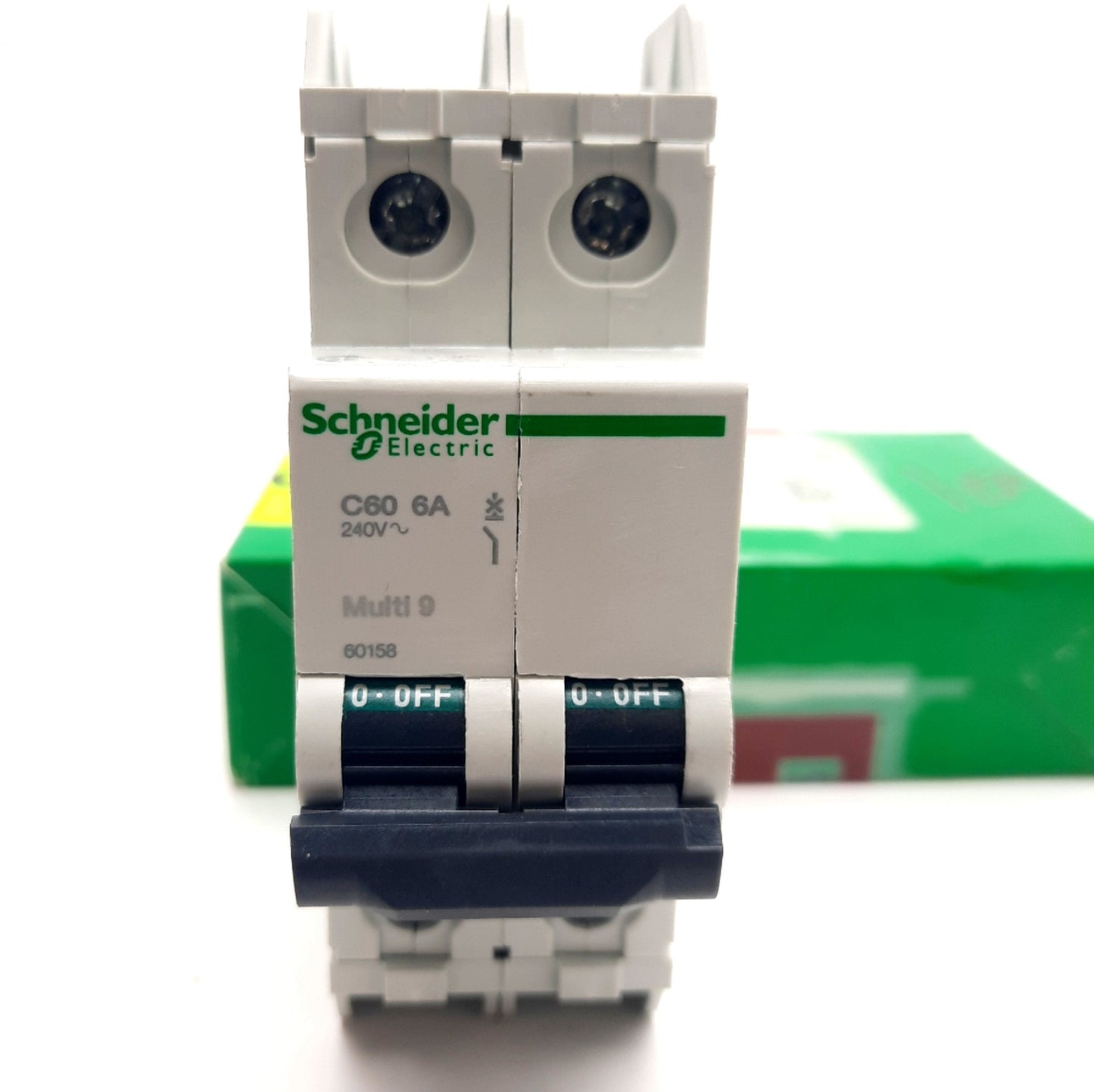 New – Open box Schneider 60158 MULTI 9 C60 Circuit Breaker, 2 Pole, 240VAC, 6A, DIN Rail