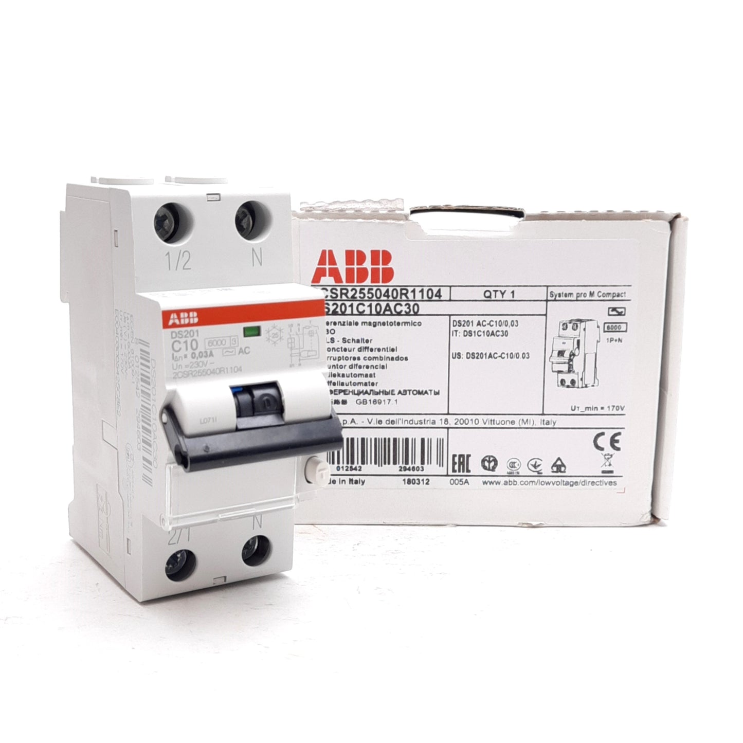 New ABB 2CSR255040R1104 Circuit Breaker, 2-Pole, C-Curve, 10A, 230VAC, DIN Rail