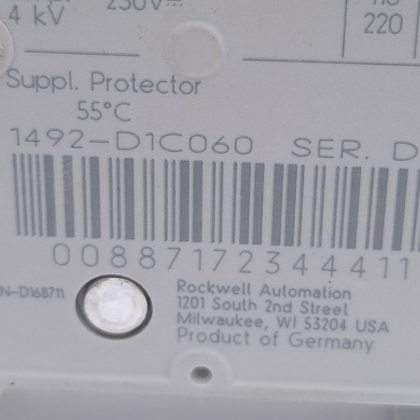 New – Open box Allen Bradley 1492-D1C060 Circuit Breaker, 1-Pole, 250VDC 6A, C-Curve, DIN Rail