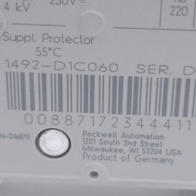New – Open box Allen Bradley 1492-D1C060 Circuit Breaker, 1-Pole, 250VDC 6A, C-Curve, DIN Rail