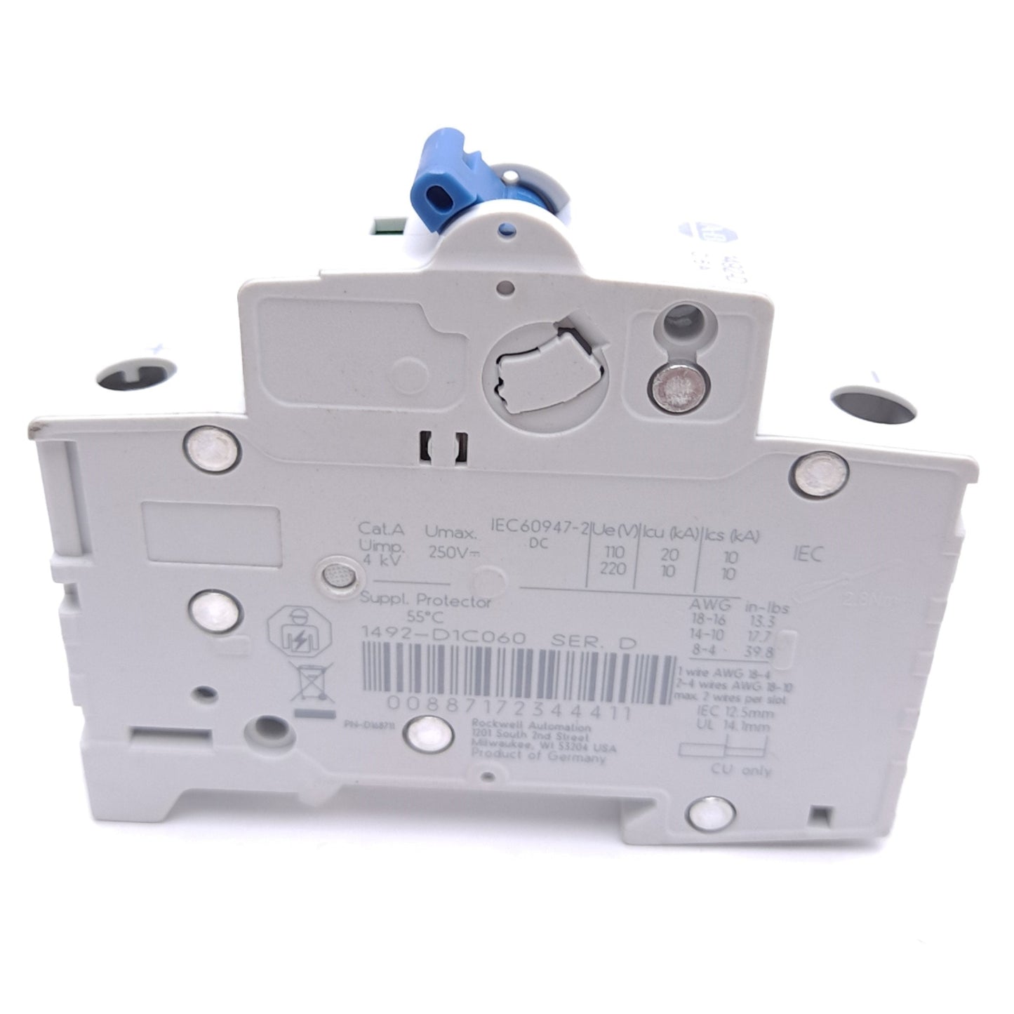 New – Open box Allen Bradley 1492-D1C060 Circuit Breaker, 1-Pole, 250VDC 6A, C-Curve, DIN Rail