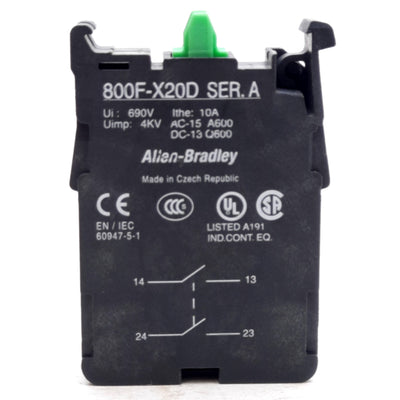 New – Open box Allen Bradley 800F-X20D Double Level Contact Block, DPST-NO, 690V 10A, 22mm