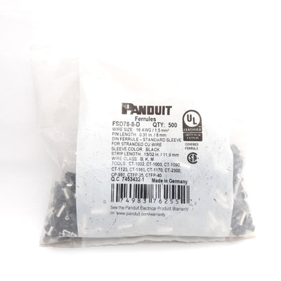 New Lot of 500 Panduit FSD78-8-D Single Wire Ferrules, 16AWG, ø8mm Pin x 14.5mm L