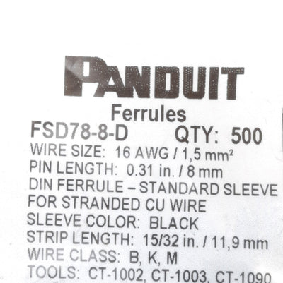 New Lot of 500 Panduit FSD78-8-D Single Wire Ferrules, 16AWG, ø8mm Pin x 14.5mm L