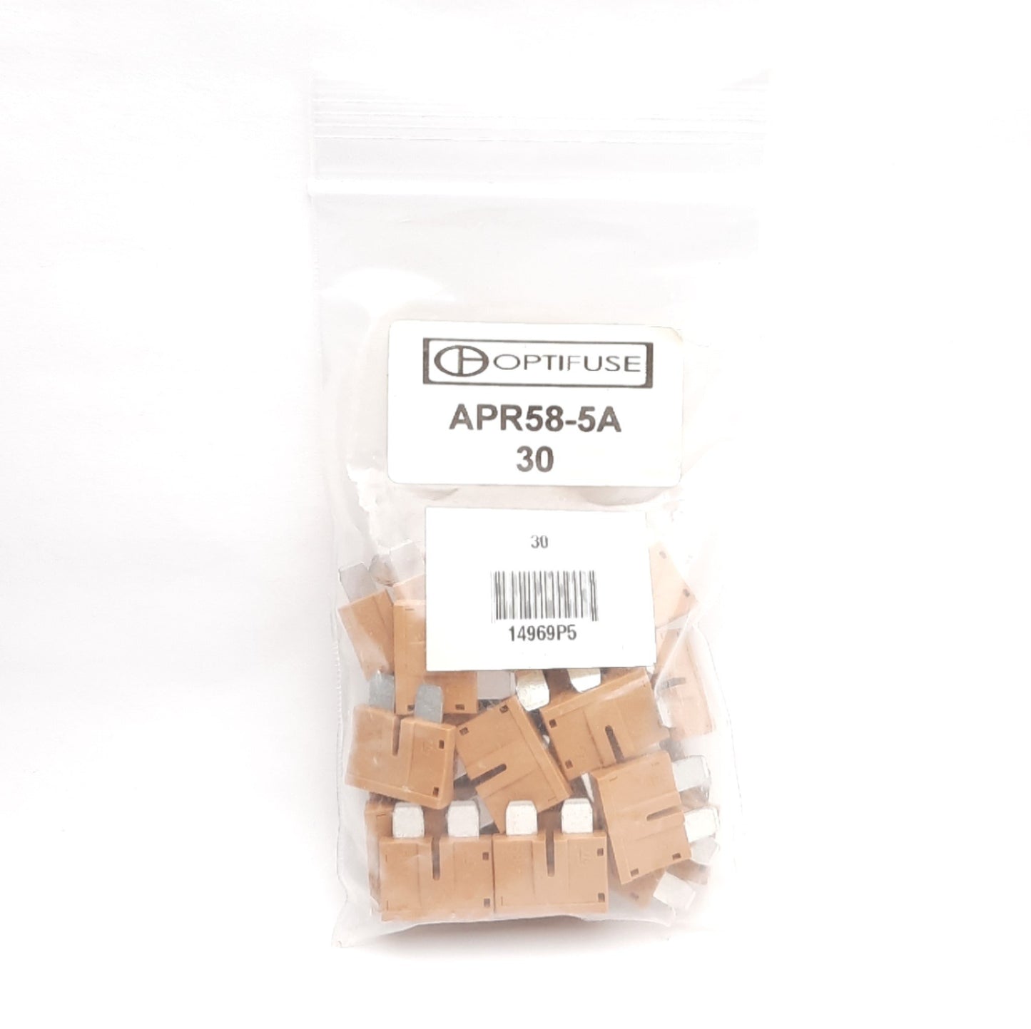 New Lot of 30 Optifuse APR58-5A Standard Blade Fuses, 58V 5A Rating, 19mm x 20mm