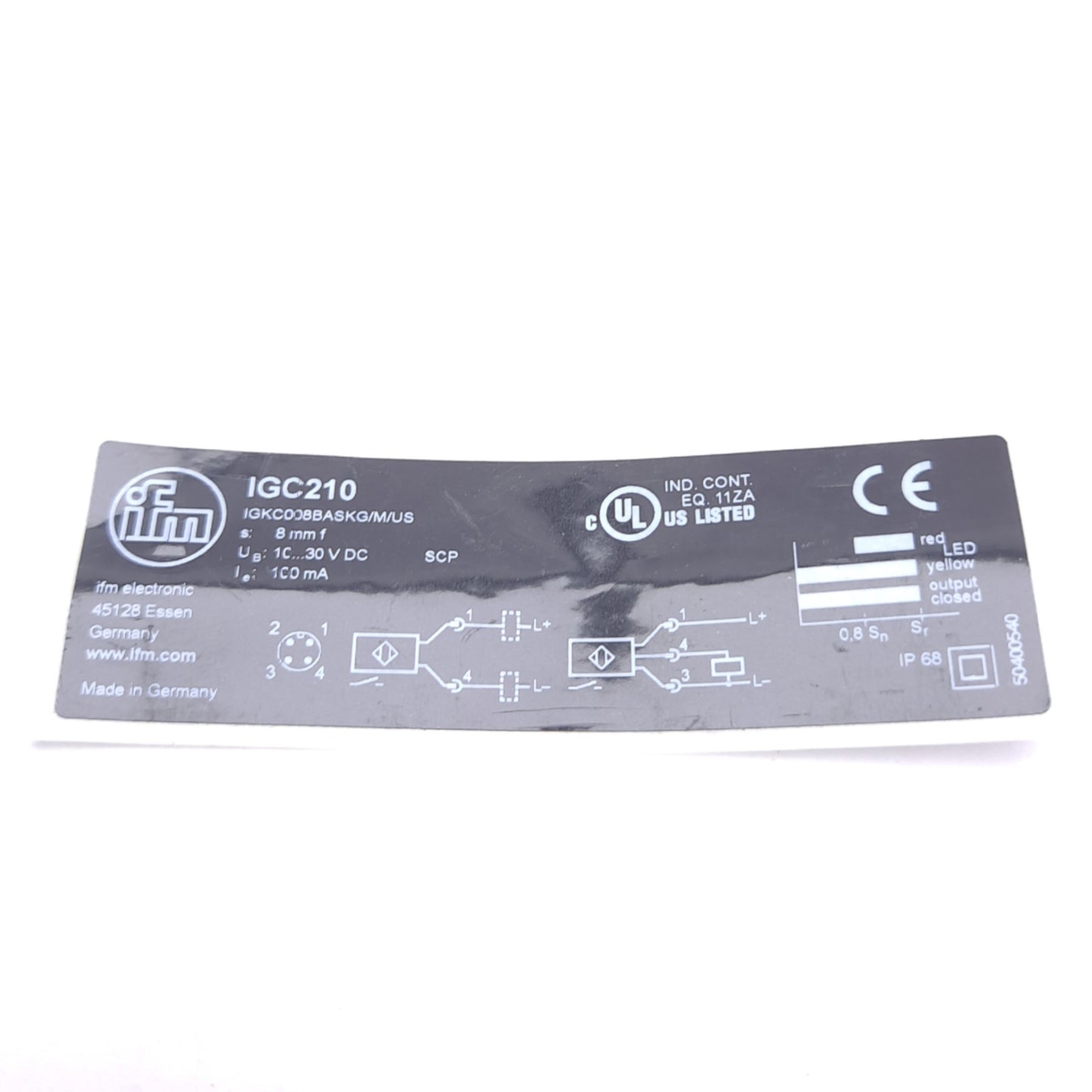 New – Open box IFM Efector IGC210 Inductive Sensor, 8mm Range, NPN/PNP-NO Out, M12 4-Pin Male