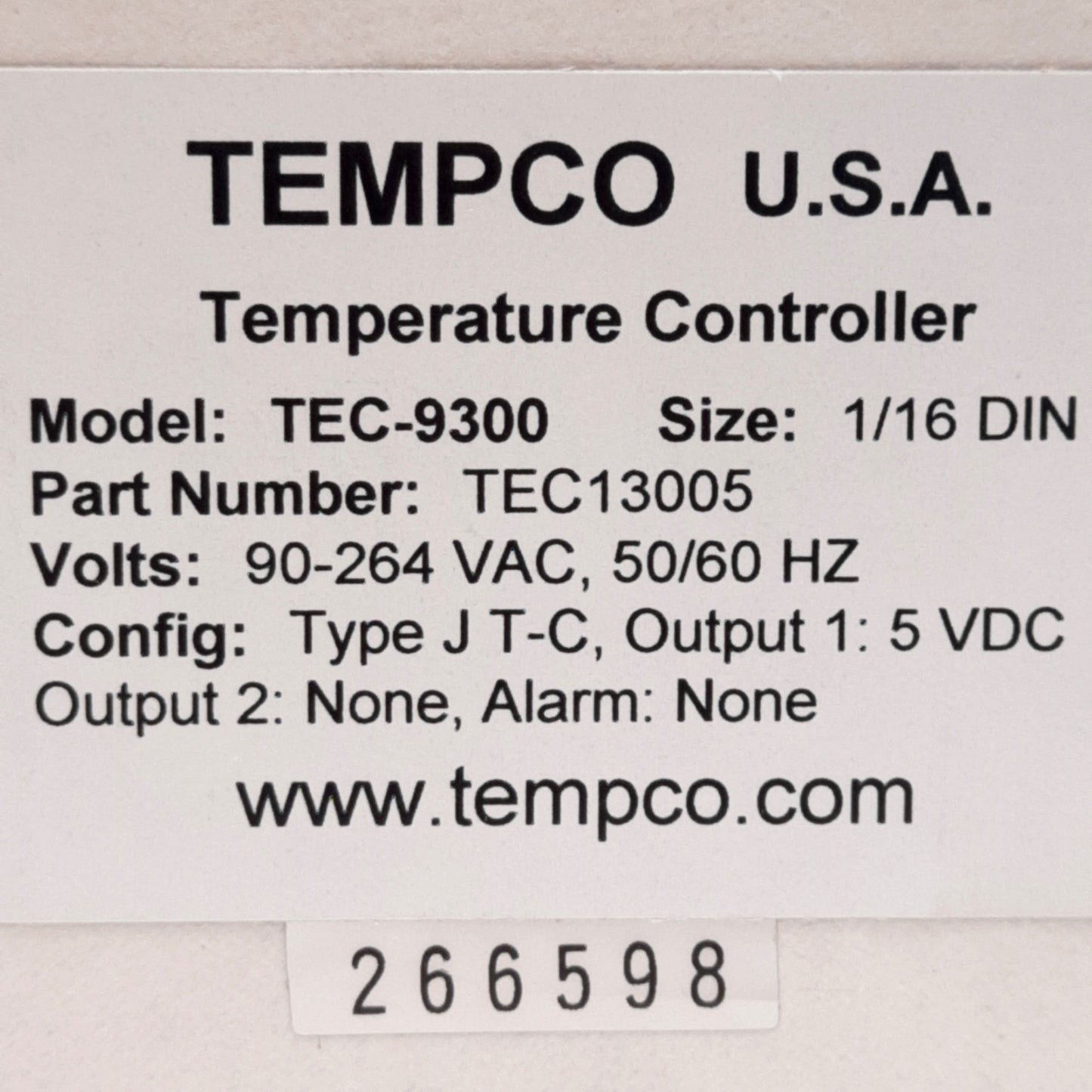 New Tempco TEC13005 Temperature Controller, Type-J, 90-264VAC IN, 5VDC OUT, 1/16DIN